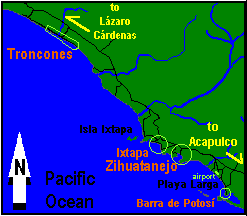 COASTAL MAP OF GUERRERO FROM BARRA DE POTOSI TO TRONCONES SHOWING ZIHUATANEJO AND IXTAPA ON THE PACIFIC COAST OF MEXICO